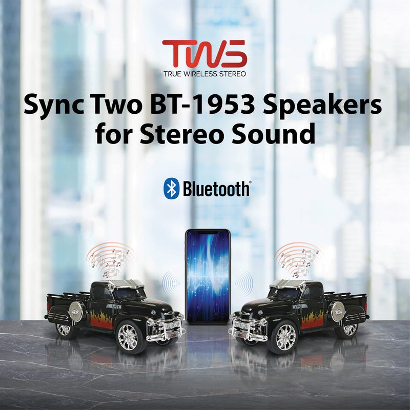 QFX Bluetooth 1953 Hot Rod Pickup Truck Replica Speaker, 3-inch Speakers, Hands Free Link, Built-in Microphone, FM Radio and LED Party Lights, Blue - BT-1953 BL - Image 5